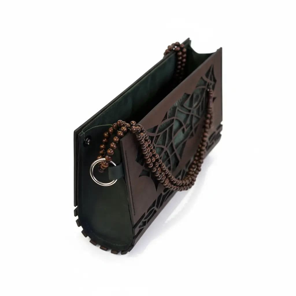 Handcrafted Wood & Dark Green Leather Bag