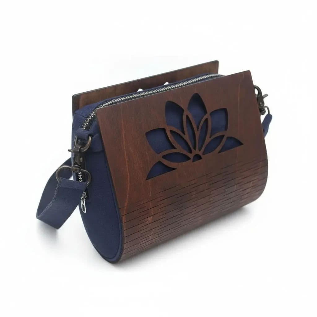 Midnight Blue & Dark Wood Lotus Crossbody Bag